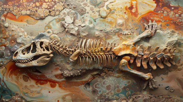 Fossilized Tyrannosaurus Rex Skeleton Embedded in Rock and Sediment