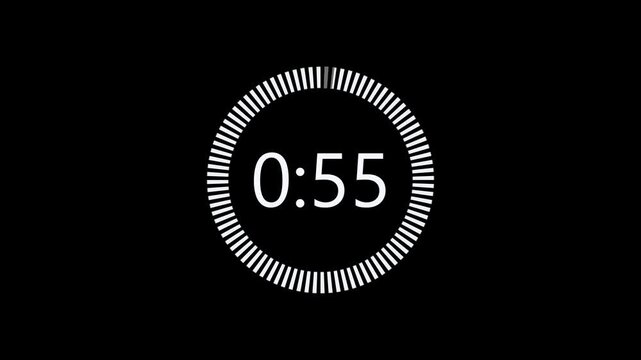 One minute countdown animation, countdown timer from 60 seconds to 0 second with minute and seconds, one minute countdown timer on transparent background 4k.