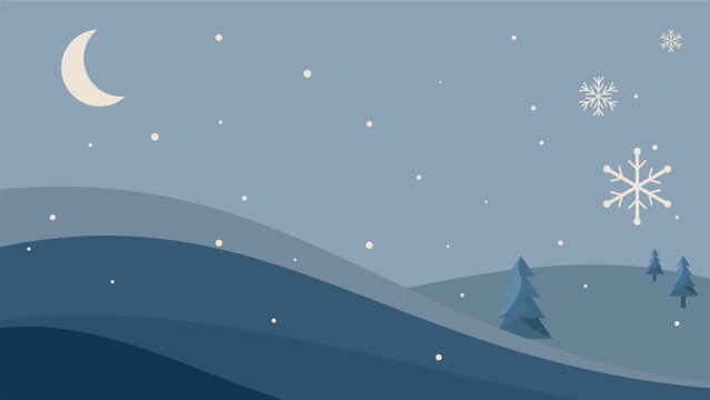 Winter night landscape with falling snow and crescent moon