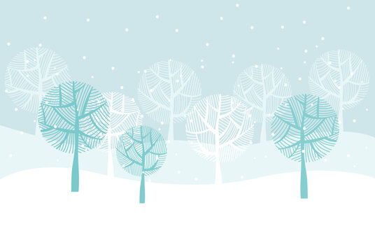 Winter landscape background, with abstract round trees under snowfall.