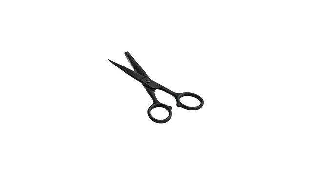 Black hairdressing scissors and thinning shears with hair cutting on transparent background