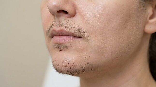 Close-up profile view of a young man's lower face showing stubble growth on his chin and upper lip.