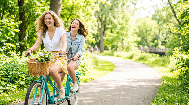 Happy friends riding tandem bicycle together on sunny park trail