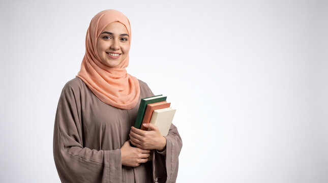 Muslim woman wearing a peach hijab smiles while holding books against a grey background.