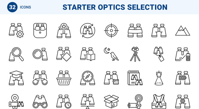 Binoculars Entry Optics Web Icon Set in Linear Style. Collection of Starter Scope line icons, including magnification, birdwatching, astronomy, focusing, ergonomics, accessories.