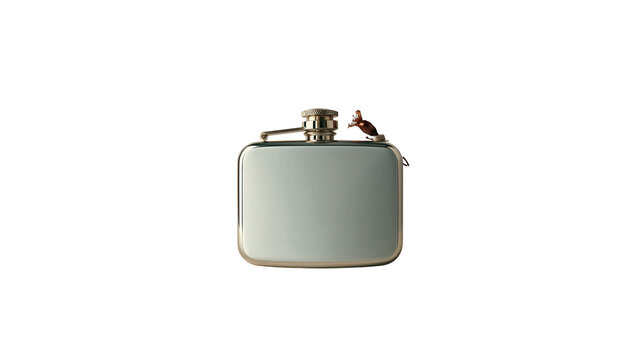 Silver metal hip flask with cap and ring with attached ring isolated on transparent background