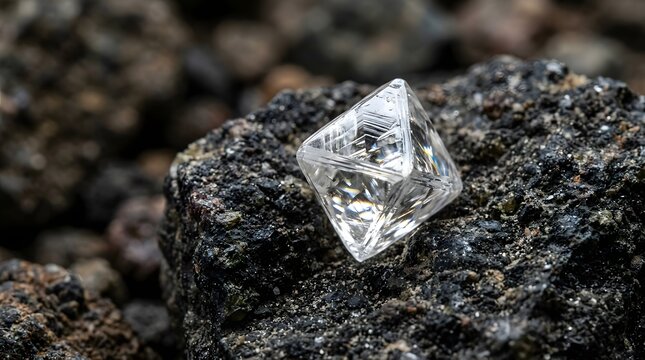 Raw natural diamond octahedron crystal displays exquisite transparency and complex geometric facets captured with sharp focus in macro photography style