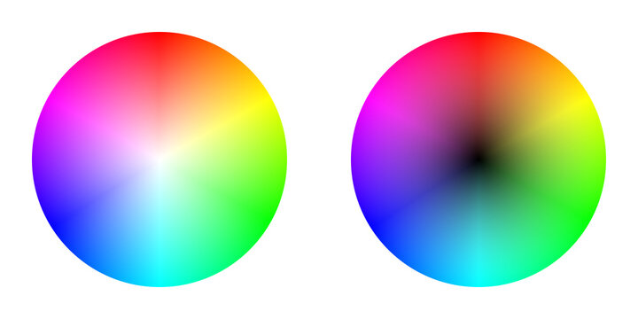 Color wheel gradient on white background. Two colorful circular gradients illustrating color spectrum and color theory