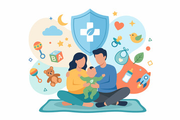 Naklejka premium Family Protection and Health Insurance for New Parents and Baby