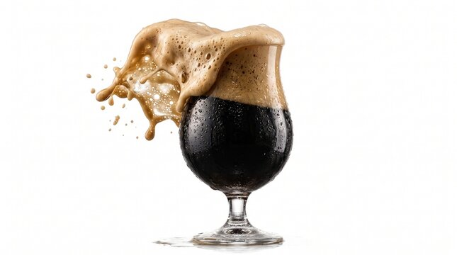 Dark Stout Beer in Tulip Glass with Exploding Creamy Tan Foam Splash Isolated on White Background