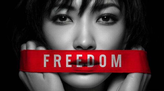 Freedom of Speech Concept with Young Woman Covering Her Mouth with Red Tape