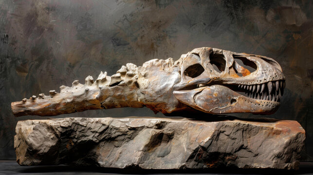 Dinosaur Fossil Skeleton Skull and Tail Section on Stone Display