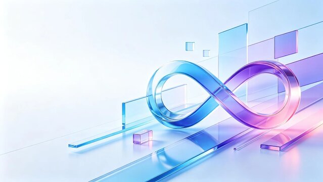 Transparent glossy gradient blue and purple glass infinity symbol on light white background with glass geometric blocks shows modern endless cycle and technology concept