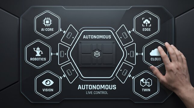 Futuristic autonomous digital control panel interface with hexagonal option icons and human hand touching screen autonomous system futuristic technology touch screen sci
