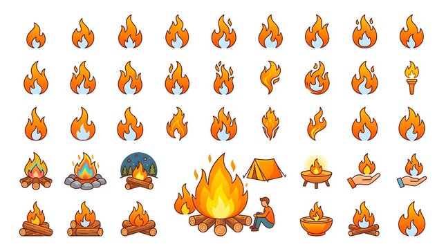 Fire and bonfire vector icon set, collection of flat cartoon flame elements, campfire, torch, and camping icons isolated on a white background, graphic design assets, generative AI illustration.