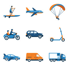 Fototapeta premium Set of pixel art icons for transportation and recreation, including paddleboarder, airplane, skydiver, motorcycle, car, scooter, sports car, delivery van, and truck