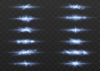 Set of electric blue light lines with sharp flares and luminous trails. Different neon beams add energy to interfaces. Futuristic effects for digital projects. © dedstock