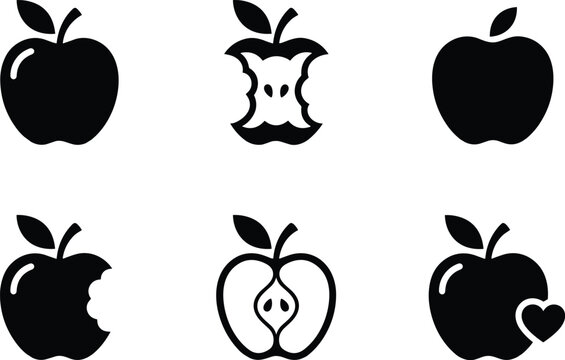 Black apple icon set featuring whole fruit bitten core sliced half and heart shapes for organic food design