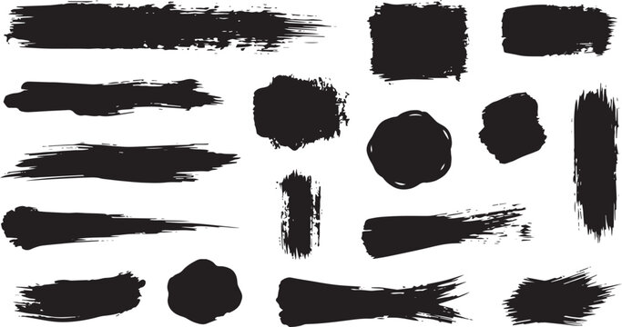 Black Paint Brush Stroke Vector Set, Grunge Ink Stain and Heavy Texture Banner Elements Collection