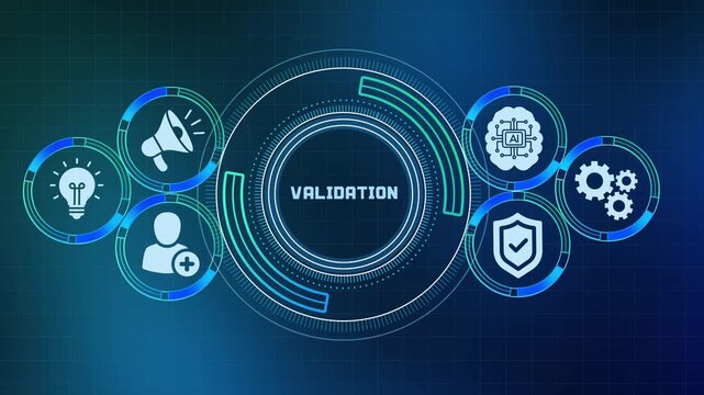 Digital data validation and verification system concept with artificial intelligence icons on dark background