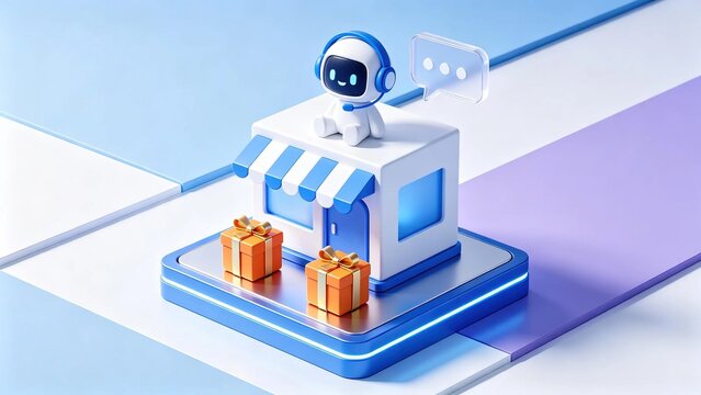 Cute 3d robot ai assistant with headset sits on top of small store with two orange gift boxes provides online customer service and chat support for e commerce