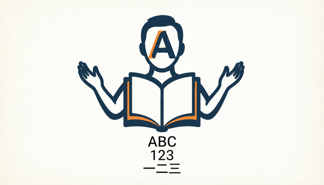 International Literacy Day Vector Icon: Stylized Person Reading Open Book with Letter A, Hands Raised in Education Concept, ABC 123 Learning Symbol