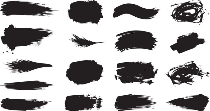 Black Brush Stroke Vector Collection Set, Hand Drawn Ink Splatter and Grunge Paint Texture Elements for Design