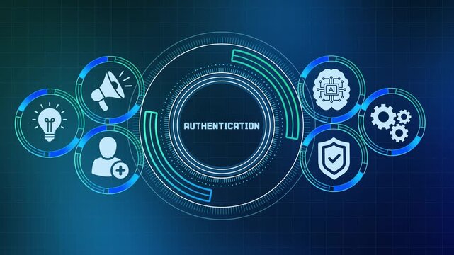Cyber authentication and user identity system concept with tech icons on glowing dark background