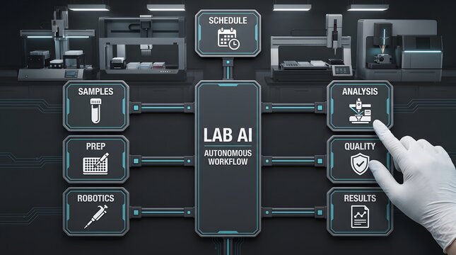 Laboratory technician pointing at a futuristic digital touchscreen interface displaying laboratory artificial intelligence data management system with lab AI