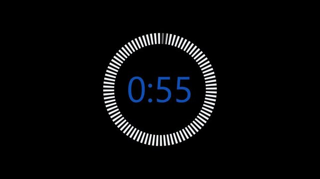 60 second countdown timer animation with blue digits, one minute countdown from 60 to 0 seconds with circular progress indicator in 4k