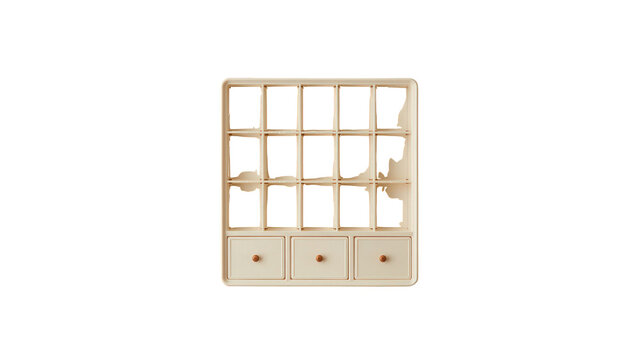 Wooden storage cabinet with drawers and shelves on transparent background