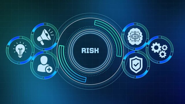 Digital risk management concept displaying cyber protection icons on abstract glowing dark background