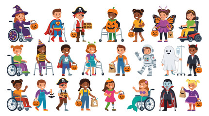 Fototapeta premium Diverse Children in Halloween Costumes with Mobility Aids