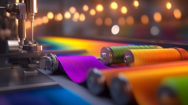 Vivid textile production: multi-color fabric weaving in modern factory setting
