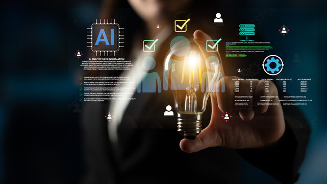 Business professional interacts with futuristic interface showcasing artificial intelligence concepts and digital analytics using a light bulb symbolizing innovation Haptic.