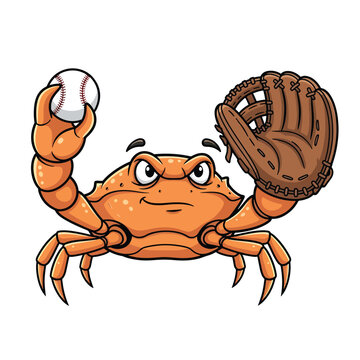 Cartoon Crab Playing Baseball with Glove.