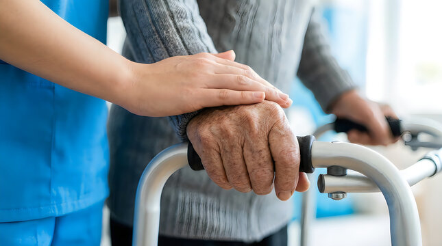 Elderly care support with walker, caregiver helping senior citizen patient walk, geriatric physical therapy in nursing home