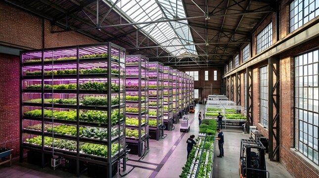 People working in modern vertical urban farm inside brick industrial hall
