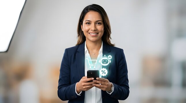 A professional woman smiling while using her smartphone with digital interfaces.