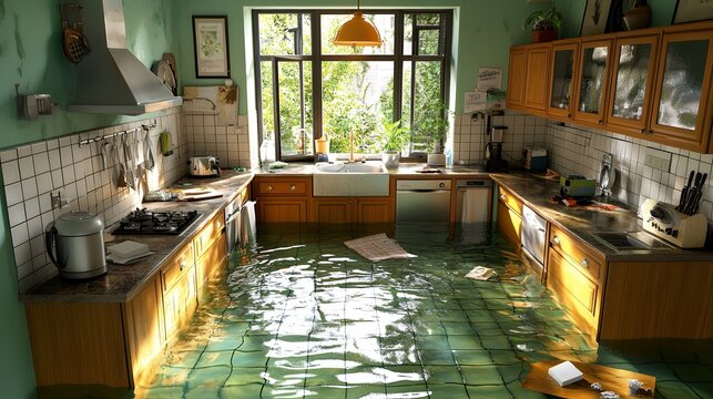 Flooded kitchen with damaged cabinets and appliances, showing the aftermath of a water leak or burst pipe