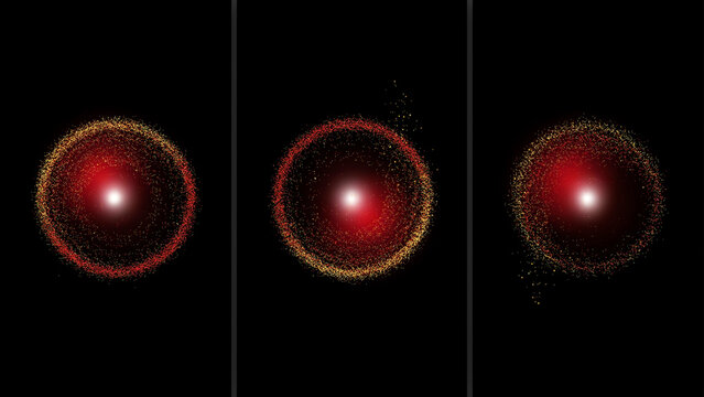 Three red circular orbs with glowing centers and particle dust on dark background