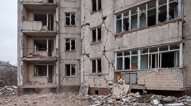 Damaged residential building facade showing destruction and cracks from conflict or natural disaster
