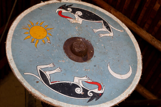 Viking shield with Sk&ouml;ll and Hati, the wolves who chase the sun and moon
