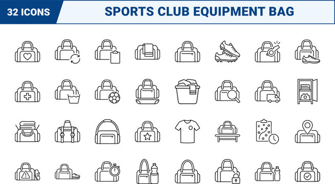Team Kit Bag Club Kit Management Web Icon Set in Linear Style. Collection of Sports Luggage line icons, including inventory, equipment, logistics, storage, apparel, laundry.