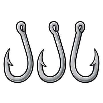 Three black and white fish hook illustrations on white background.