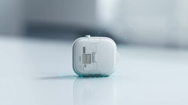 A small white wireless electronic device resting on a clean reflective surface.