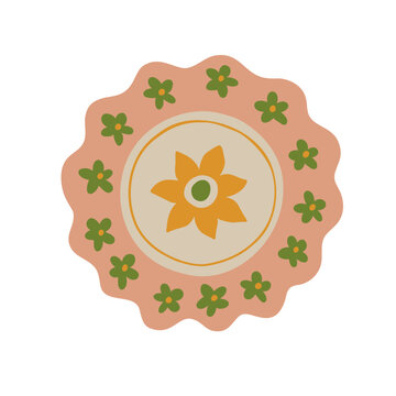 Decorative floral plate with scalloped edge, orange central flower and small green flowers. Hand drawn colorful kitchen tableware illustration isolated on white background.