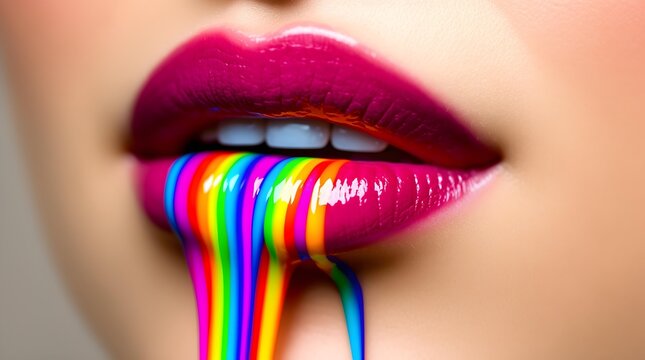 Close-up of glossy lips with vibrant pink lipstick dripping colorful liquid rainbow paint against a smooth skin background in an abstract creative makeup concept