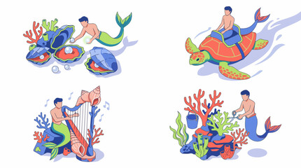 Obraz premium Isometric merman underwater kingdom life scenes with pearls riding turtle playing harp gardening coral reefs set illustration