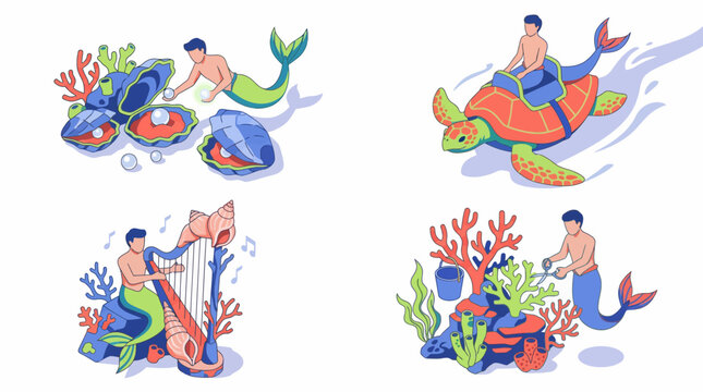 Isometric merman underwater kingdom life scenes with pearls riding turtle playing harp gardening coral reefs set illustration